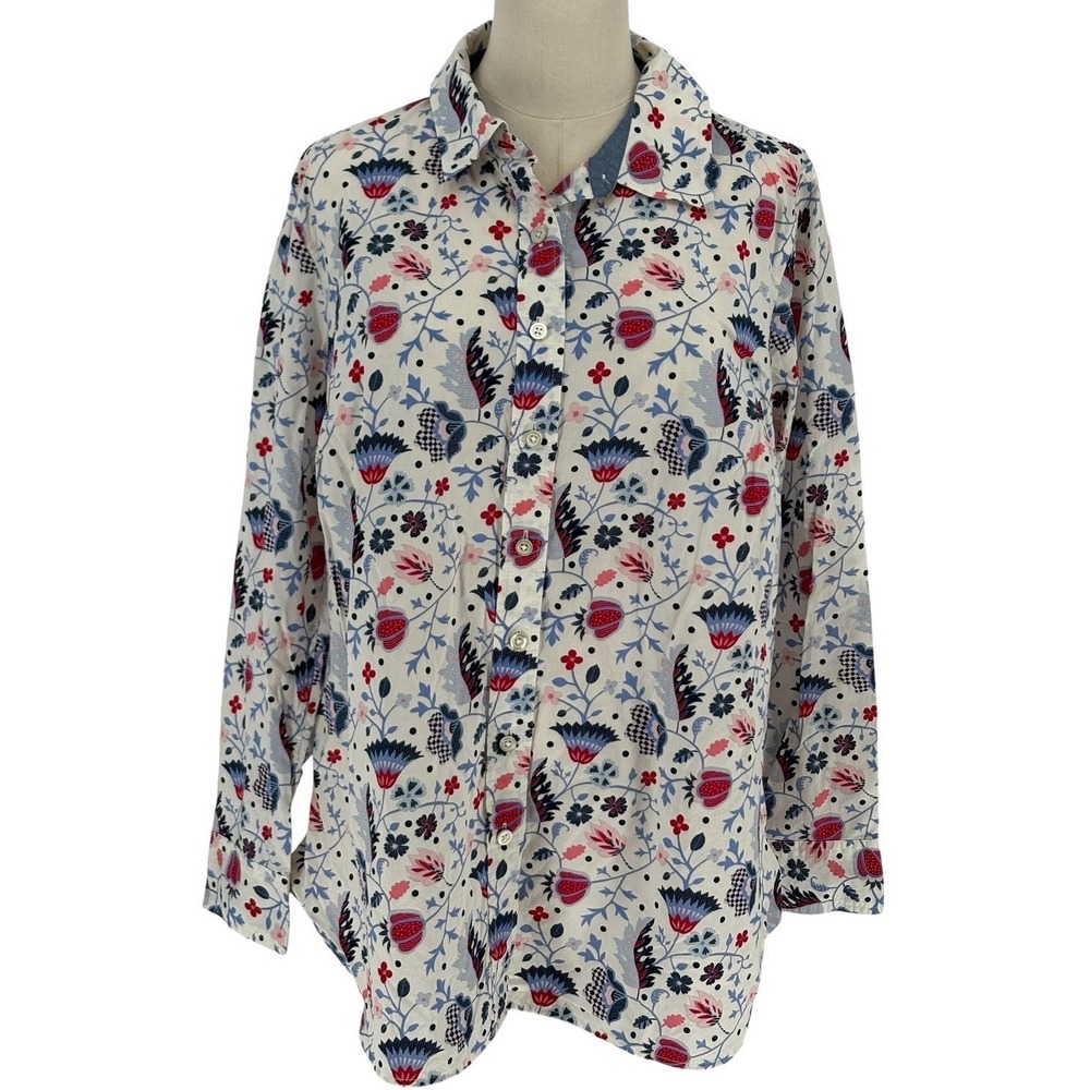 Talbots Plus Button Down Shirt White‎ Floral 100% Cotton X